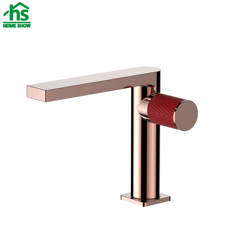 ODM Square Design Single Lever Finish Rose Gold with Red Handle Basin Mixer M26 8009