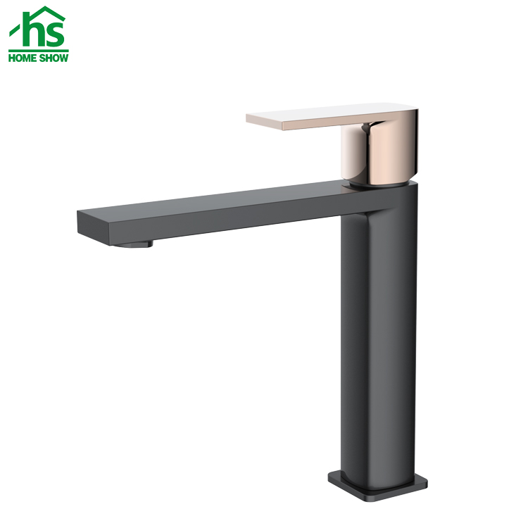 Wholesale OEM Brass Single Level Matt Black with Rose Gold Handle Basin Faucet M27 1302