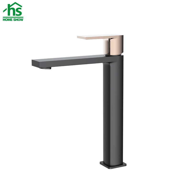 Manufacture Design Brass Matt Black with Rose Gold Handle Basin Faucet Supplier