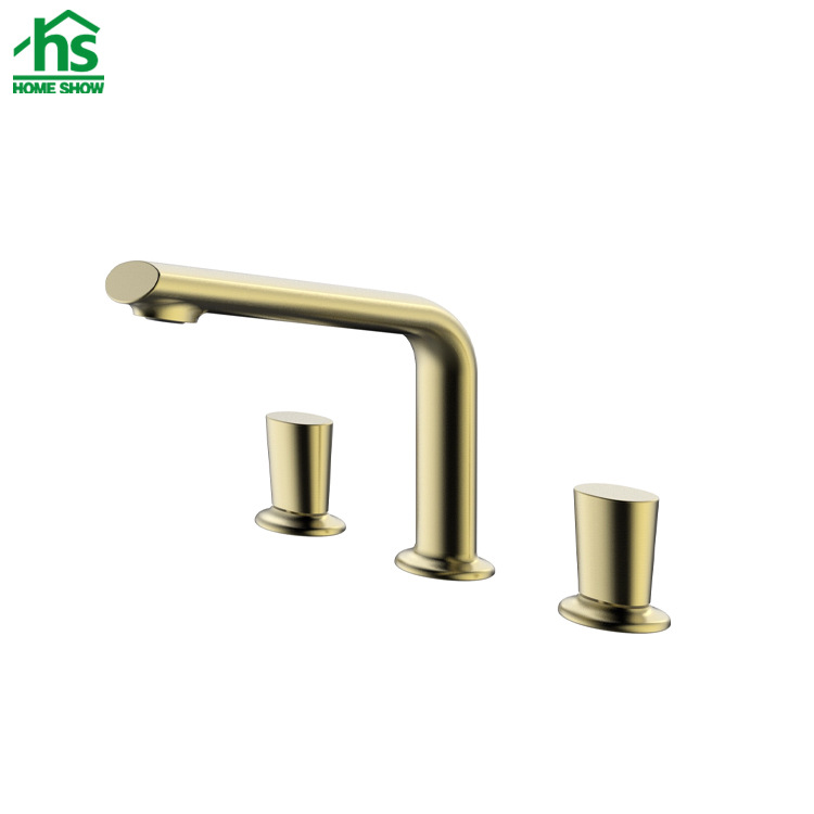 Wholesale OEM Deck Mounted Brushed Gold 3 Holes Basin Mixer Bath Faucet Factory