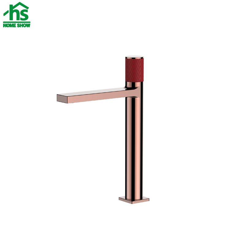 High Neck Rose Gold Body with Red Handle Single Lever Basin Mixer M26 8003