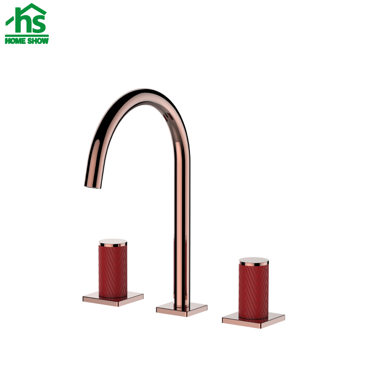 Rose Gold with Red Handle 3 Way Faucet 3 Holes Bathroom Basin Mixer