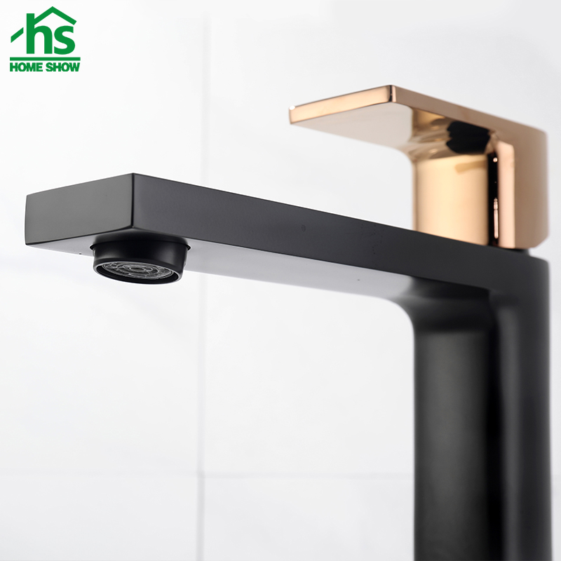 Wholesale OEM Brass Single Level Matt Black with Rose Gold Handle Basin Faucet M27 1302