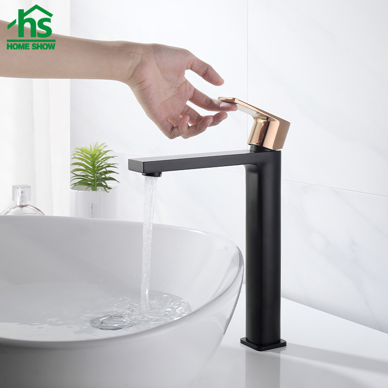 Wholesale OEM Brass Single Level Matt Black with Rose Gold Handle Basin Faucet M27 1302