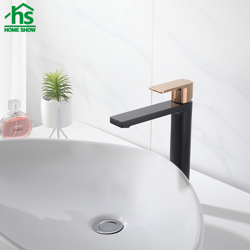 Wholesale OEM Brass Single Level Matt Black with Rose Gold Handle Basin Faucet M27 1302