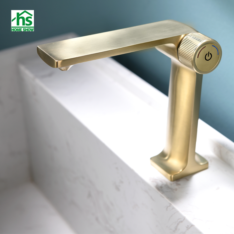 Brushed Gold L Shape Press Button Switch Basin Mixer Bathroom Faucet M34 3001