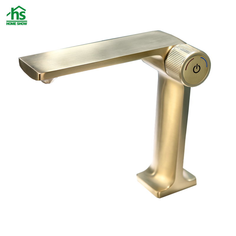 Brushed Gold L Shape Press Button Switch Basin Mixer Bathroom Faucet M34 3001