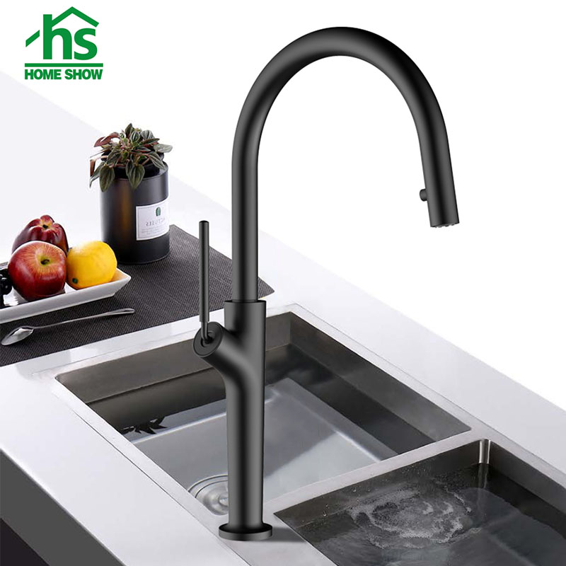 Custom Black Color Single Handle Pull Out Spray Long Neck Brass Kitchen Faucet Mixer Taps C03 1621