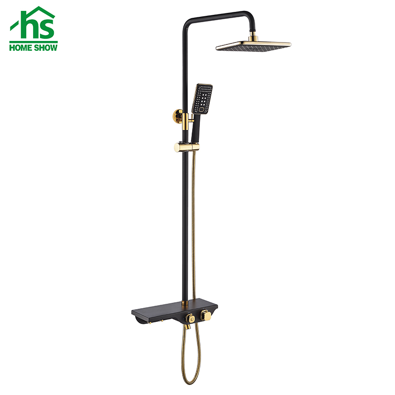 HOMESHOW New Design Luxury Black Gold Thermostatic Rain Shower Set with Wide Shelf D05 1443