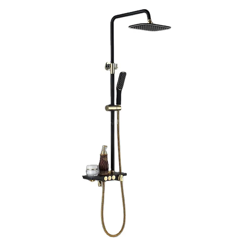 New Version Classic Matte Brass Black Wall Mounted Bathroom Shower Set with Shelf  D05 1403