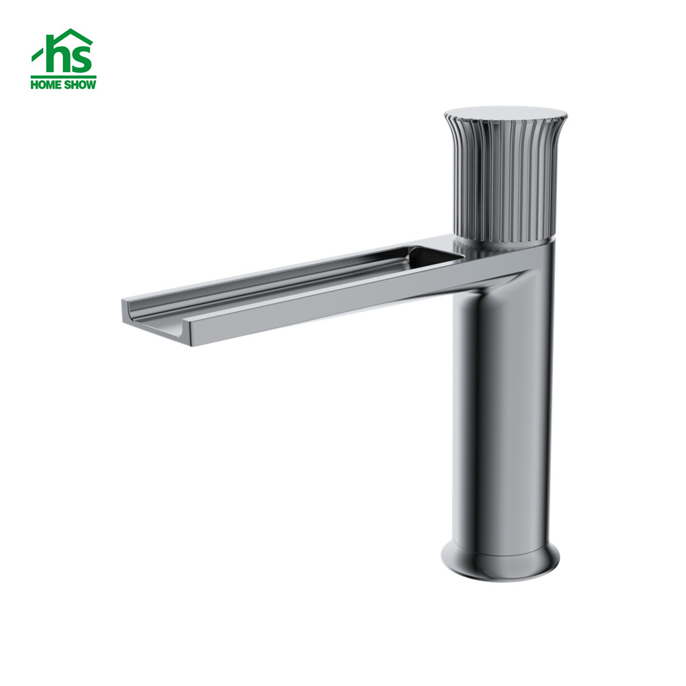 New Arrival Factory OEM Brass Gun Grey Brass Waterfall Roman Column Handle Basin Faucet M47 2002